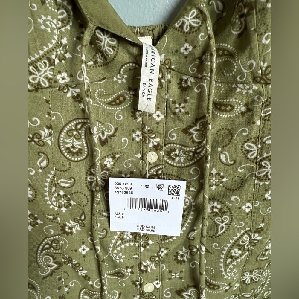 AMERICAN EAGLE GREEN AND WHITE PAISLEY DROP WAIST CORSET MINI DRESS- SMALL - Picture 3 of 5
